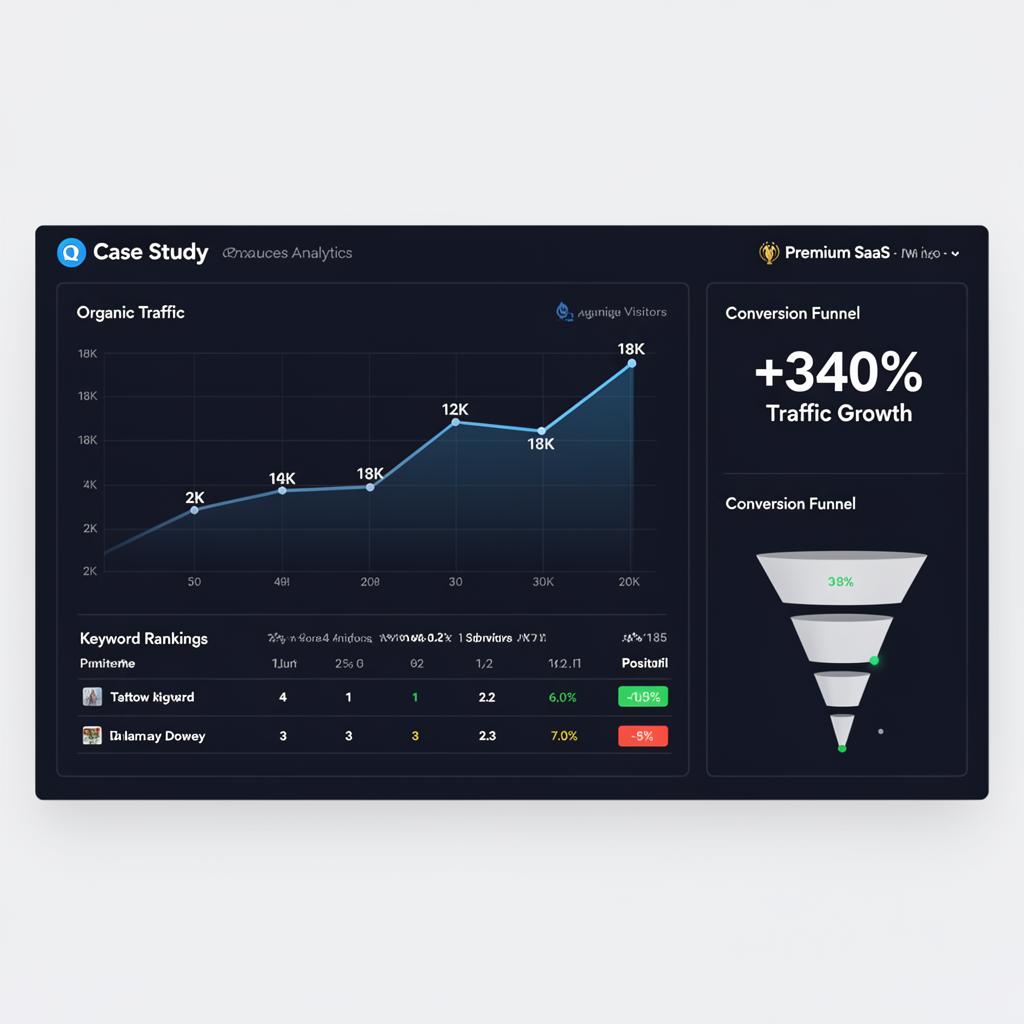 Case Study Analytics screenshot showing +340% Traffic